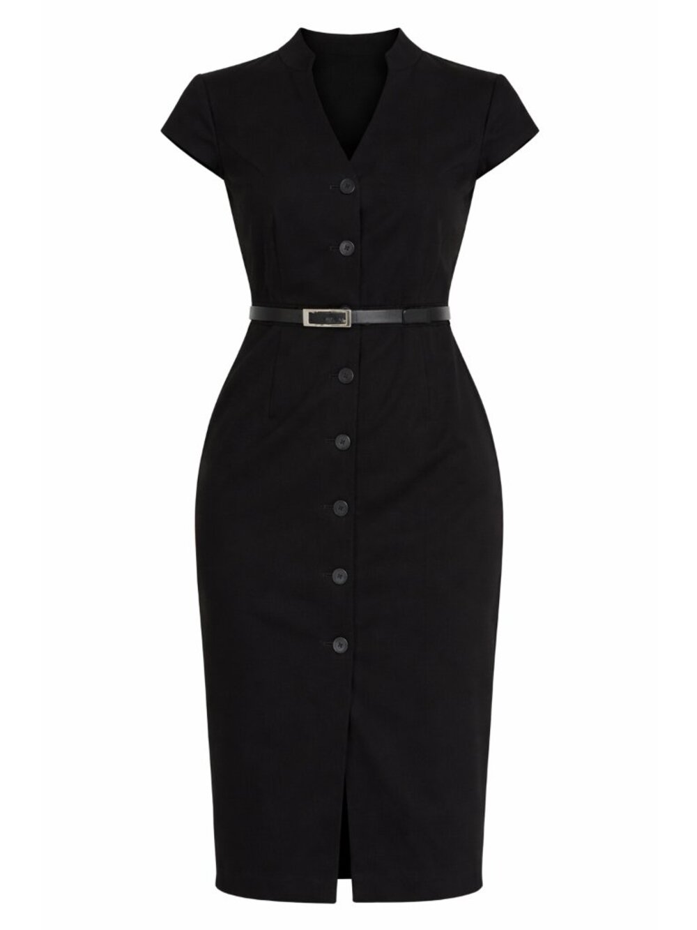 CALVIN KLEIN Black Button Down Belted Sheath Dress Cap Sleeves - Size SM